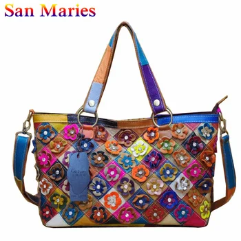 

San Maries Fashion Women Genuine Leather Shoulder Bags Ladies Patchwork Cowhide Crossbody Bag Totes Girl 2019