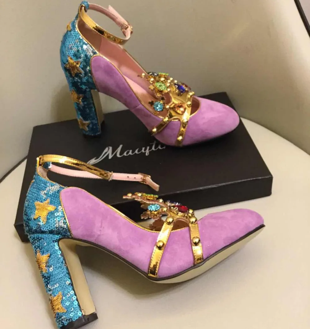 Macytino Роскошные ручной работы Фиолетовый Корона насосы Bling фольга высокие каблуки для женщин ремешок на щиколотке обувь осень