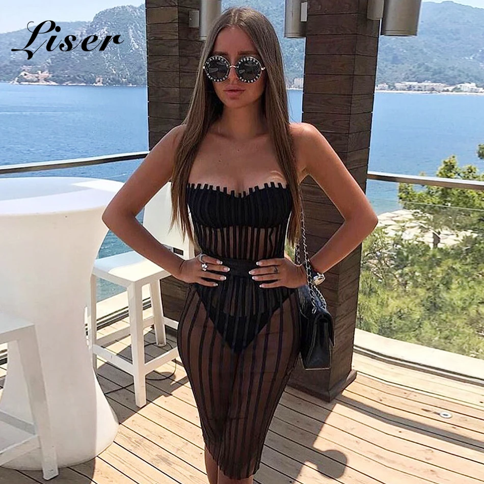 

Liser 2019 New Summer Women Dress Strapless Striped Mesh Dress Sexy Bodycon Chic Evening Party Black Dresses Vestidos Wholesale