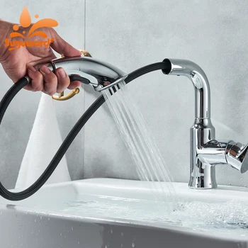 

Suguword Chrome Basin Faucet Hot and Cold Water Ceramic Valve Deck Mounted Mixer Taps Pull Out Nozzle 2 Outlet ways