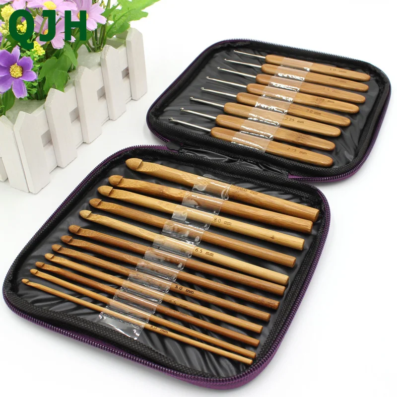 

20pcs QJH Brand Bamboo Crochet Round And Flat 2 Types Handmade Hook Needle Knit Weave Craft Yarn Sewing Tool Knitting Purple bag