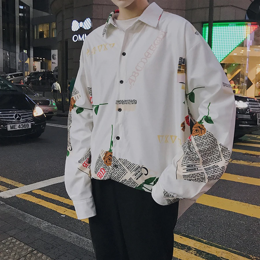 Корейская рубашка большого размера, Мужская модная рубашка с длинным рукавом и цветочным принтом, уличная одежда в стиле хип-хоп, мужские рубашки больших размеров, мужская одежда