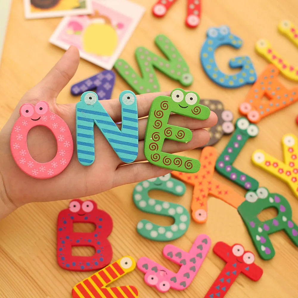 

26 Letters Wooden Cartoon Fridge Magnet kid Baby Educational Toy Sticker Toys for Children English alphabet Refrigerator Sticker