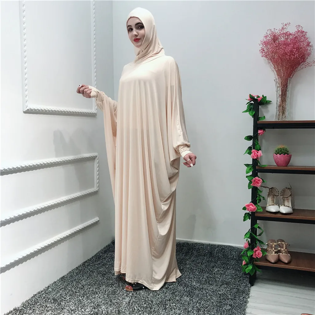 

Muslim Long sleeve Dubai Dress maxi abaya jalabiya islamic Women Solid color Headgear mosque robes Cardigan Ramadan Dress 4.29