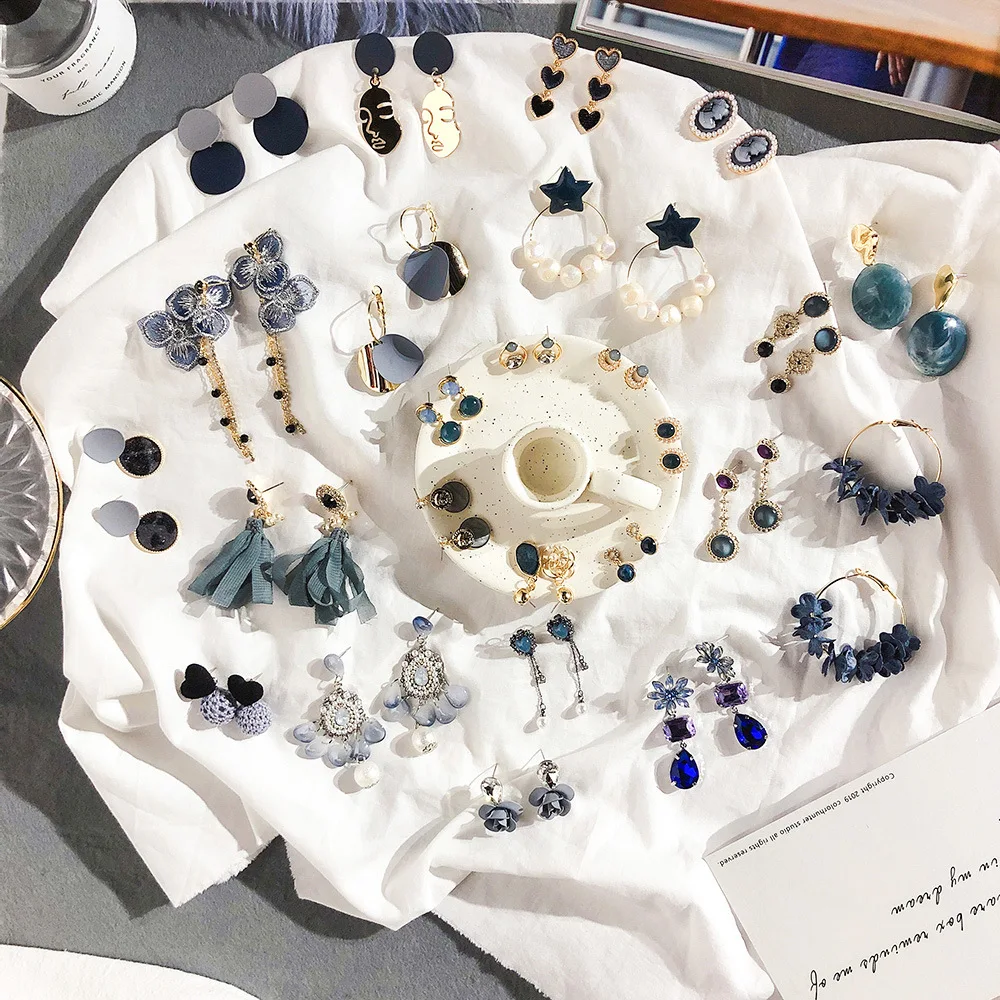 

Retro Blue-gray Series Rhinestone Earrings Vintage Various Shapes Pearl Earrings Shiny Jewelry Vintage Fashion Women Eardrop