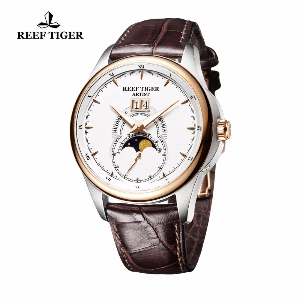Reef Tiger/RT модные часы для мужчин с двойным окном Дата из натуральной кожи ремешок Часы механические Moon Phase часы RGA1928