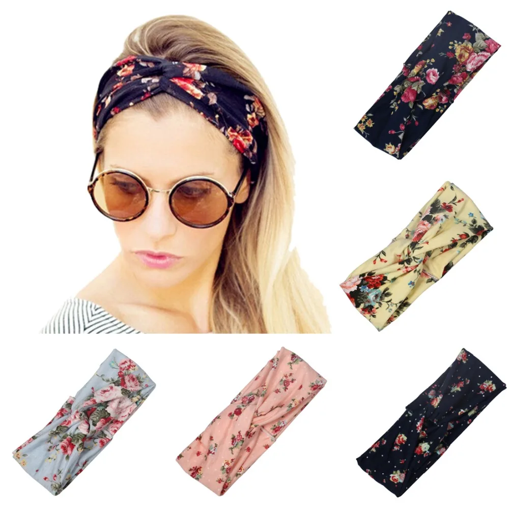 

Fashion Women Elastic Turban Twist Headband Print Cross Knot Ethnic Floral Wide Stretch Girl Hair Accessories Hot Sale Gifts