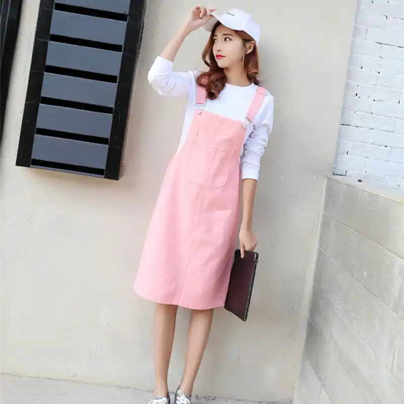 pink overall dress outfit