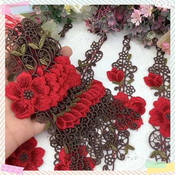 

(2pcs/lot)red flower dark green leaf sewing Floral Motif Venise Lace Applique for Garment Embroidery Lace patches 2018082403