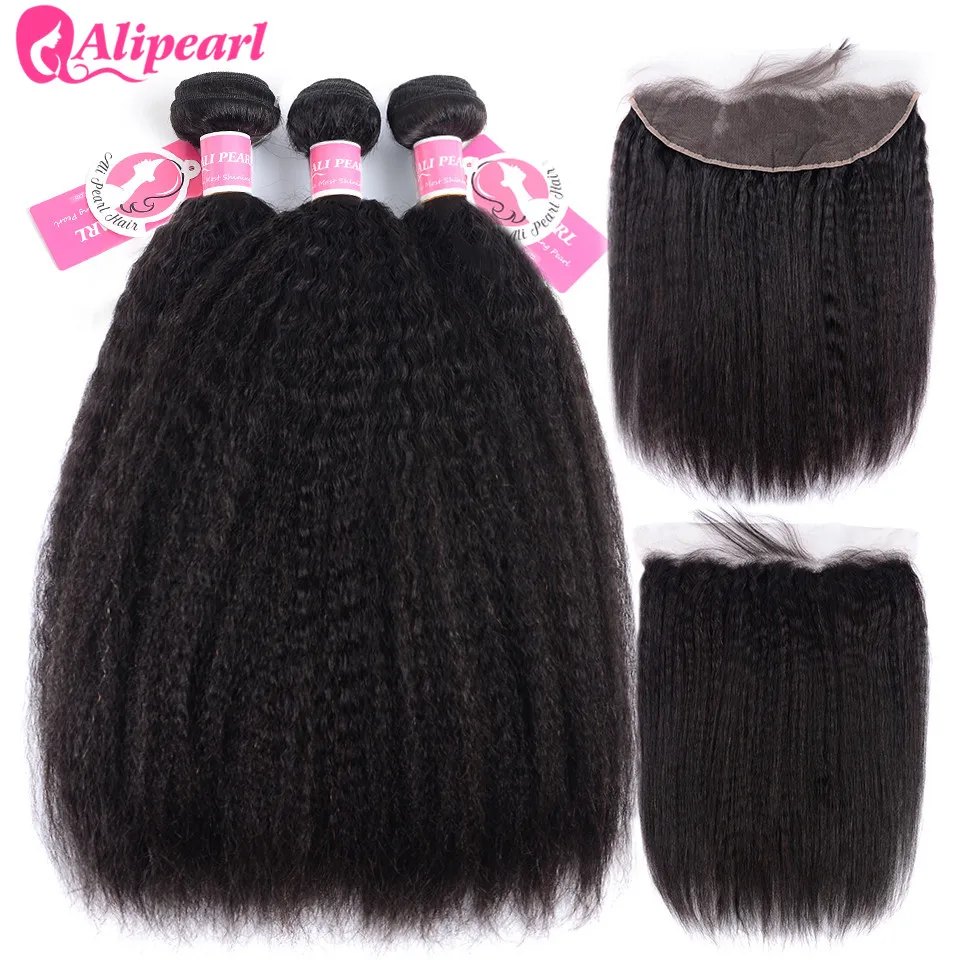 ALIBELE HAIR Kinky Straight Human Hair Bundles With Closure Non Remy Brazilian Hair Weave Bundles with Lace Closure 4 5 Pcs Lot