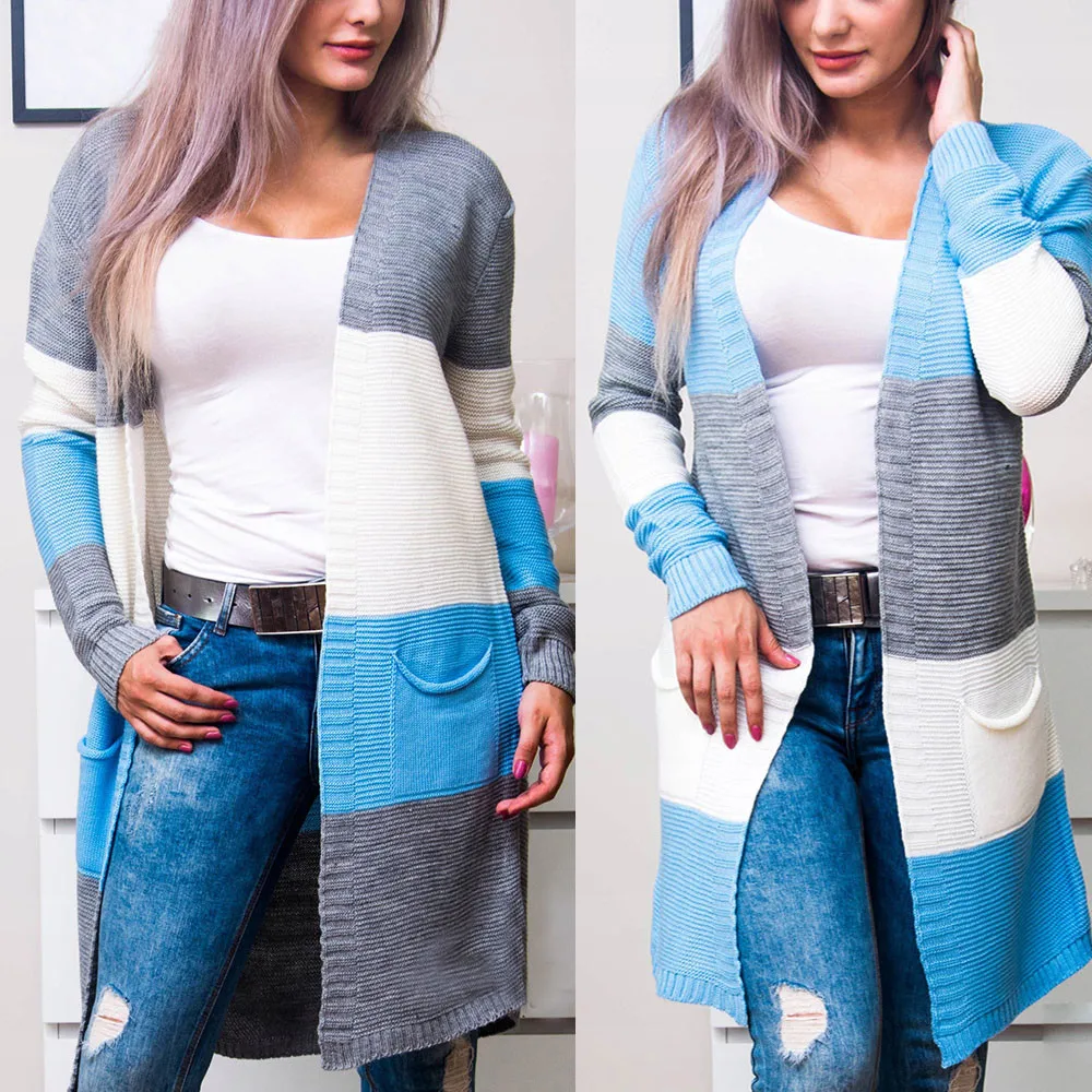 

Women Sweater Casual Autumn Winter Long Sleeve Pockets Striped Panelled Sweater Cardigan Blue Long sueter mujer invierno 20