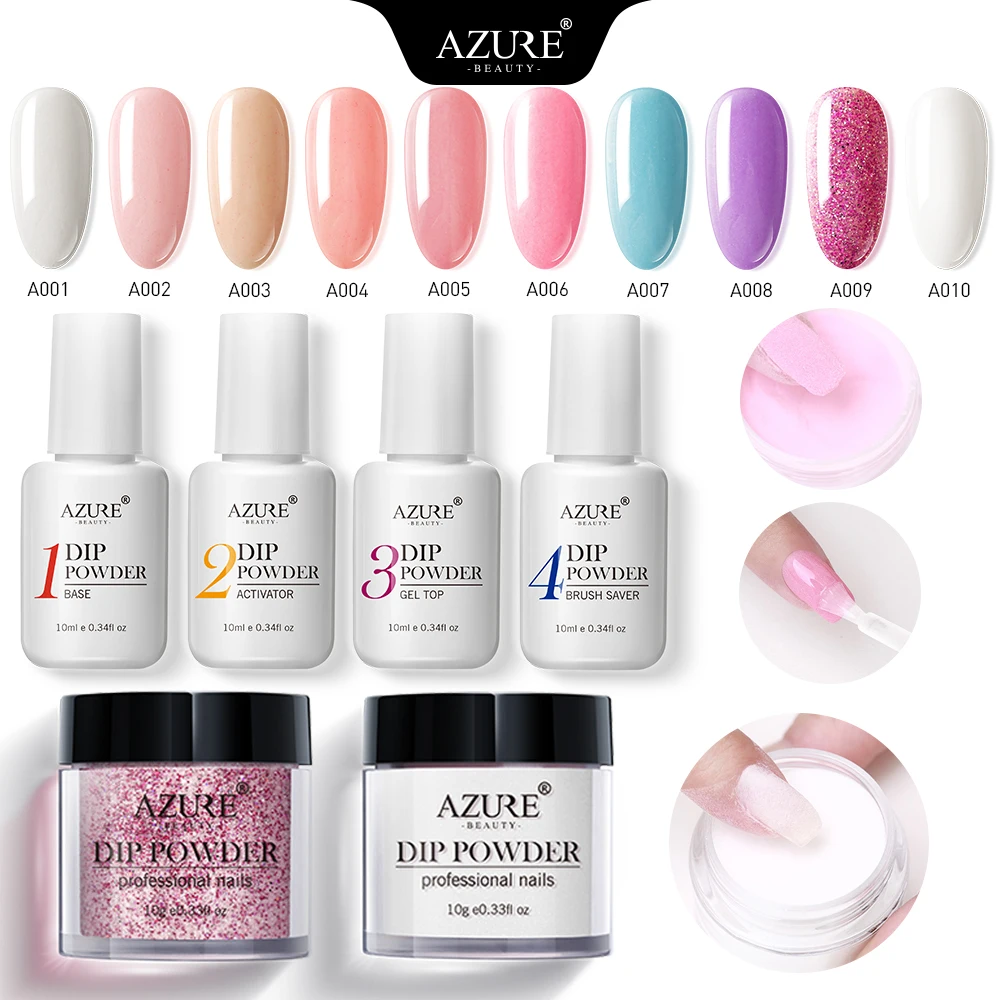 

Azure Beauty Newest Nail Dipping Powder Natural Dry Dip Glitter With Base Top Activator For Nail Decorations 5pcs/kit