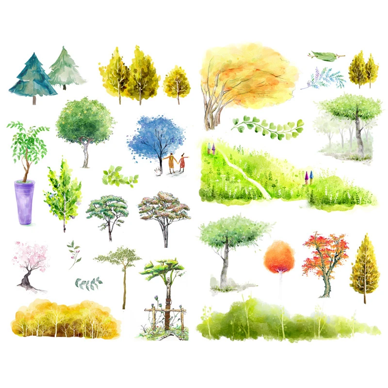 1 Pcs Watercolor Hand Painting Tree Scrapbook Label Aesthetic Stickers Cute Stationery Back To School Supplies Assorted Stickers Aliexpress