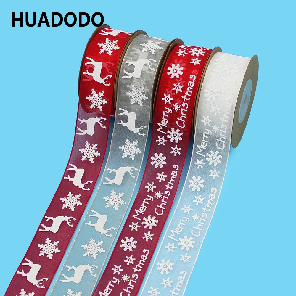 

HUADODO 25mm 1" Organza Christmas Ribbons Snowflake Printed Ribbon for Christmas Decoration New Year Gift wrapping 10meters