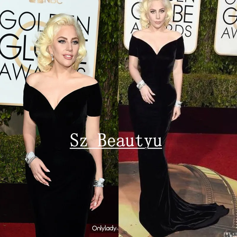  73 Annual Golden Globe Awards Lady Gaga Celebrity Dresses Off Shoulder Short Sleeve Mermaid Velvet Black Long Evening Dress Gown 