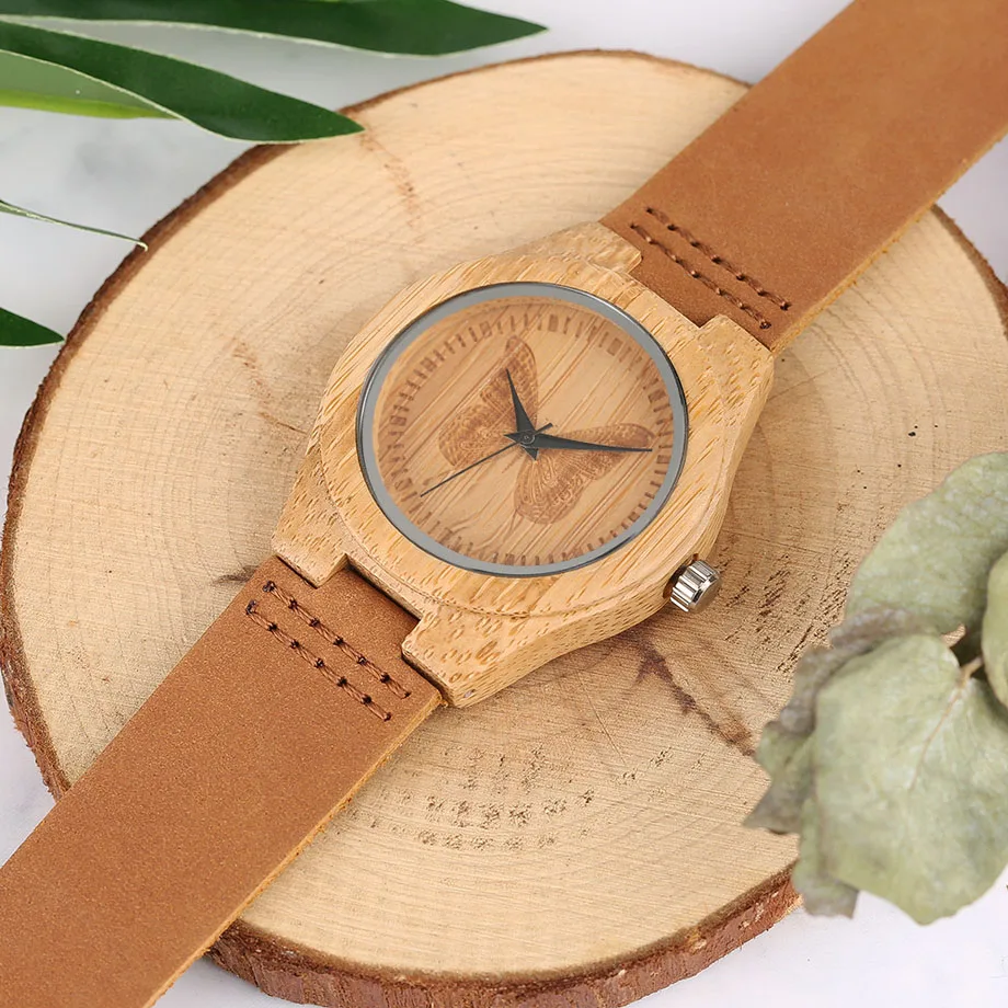 Fashion Natural Bamboo Carve Butterfly Quartz Wooden Watch Women Genuine Leather Watchband Ladies Wristwatch Relogio Feminino  (11)
