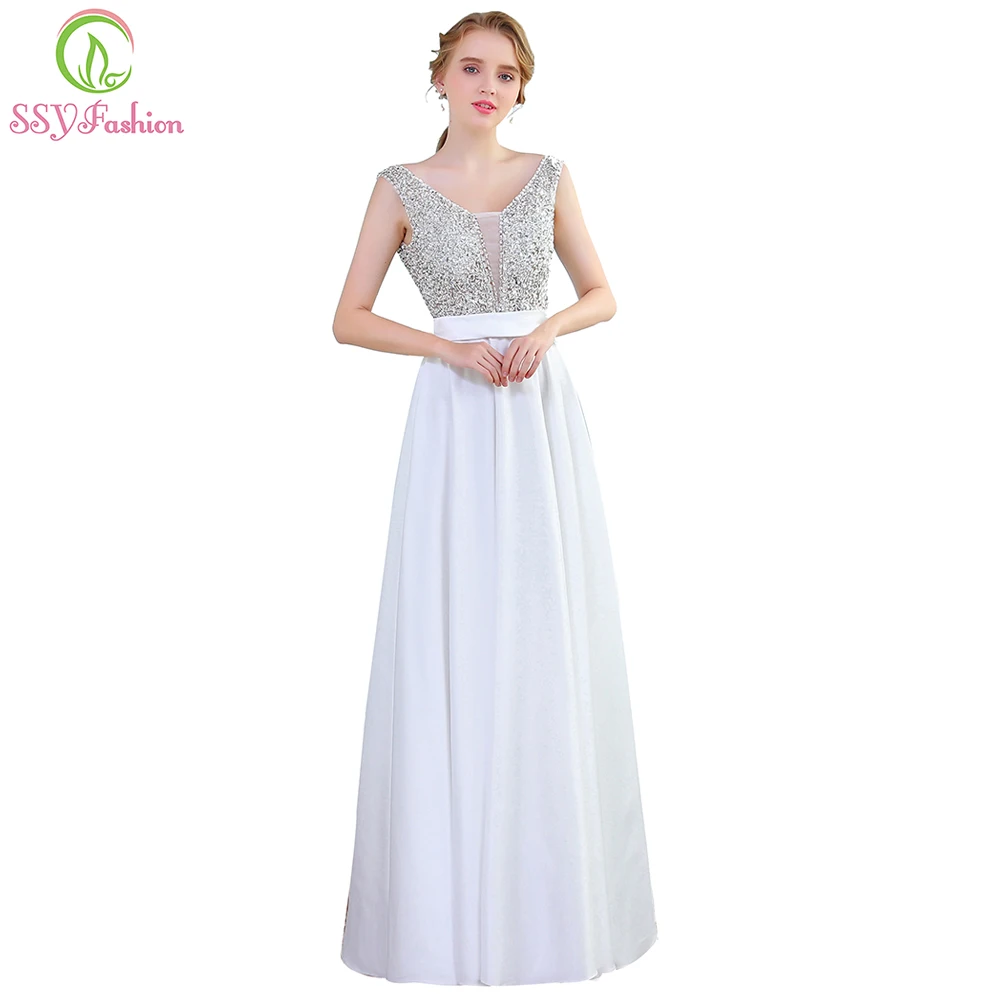 

SSYFashion New Luxury Satin Sequined Long Evening Dress Sexy Slim V-neck Backless Floor-length Banquet Prom Formal Gown