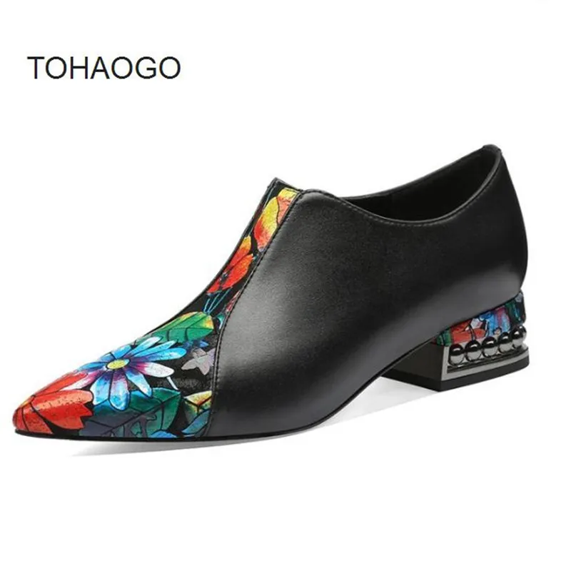 

Spring new leather flower women's shoes Pointed print color matching Mid-heeled shoes Female high heels women pumps