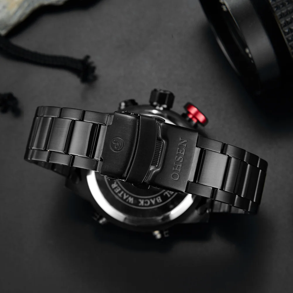 OHSEN Цифровые кварцевые мужские модные наручные часы черный полный стальной ремешок 30 м водосветодио дный стойкий светодиодный военный спортивные часы Reloj Masculino подарок