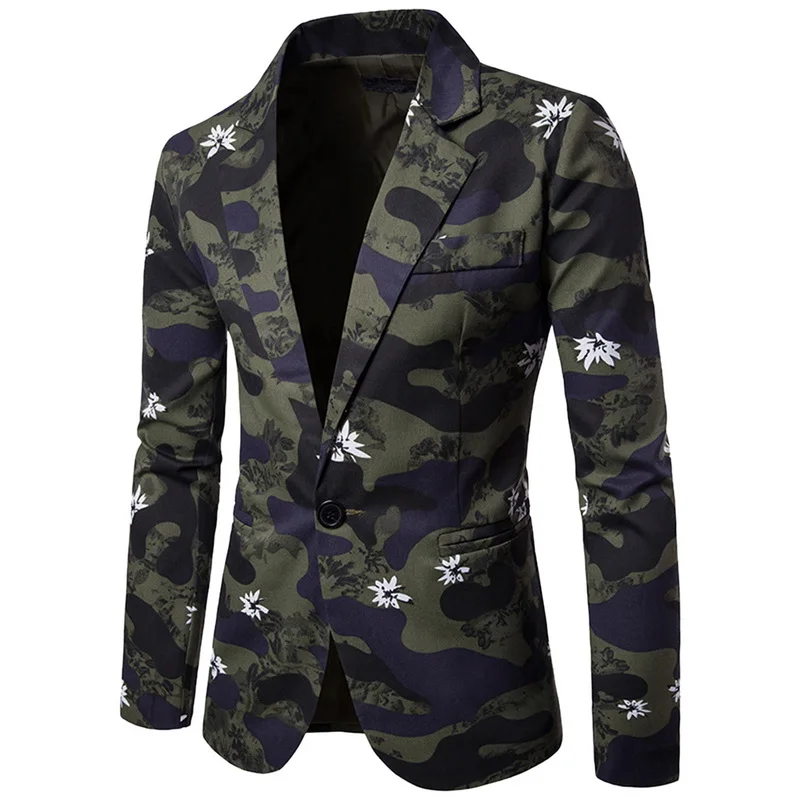 Модный пиджак с цветочным принтом, мужской костюм на одной пуговице, тонкие вечерние блейзеры, британский стиль, брендовый Камуфляжный блейзер для мужчин