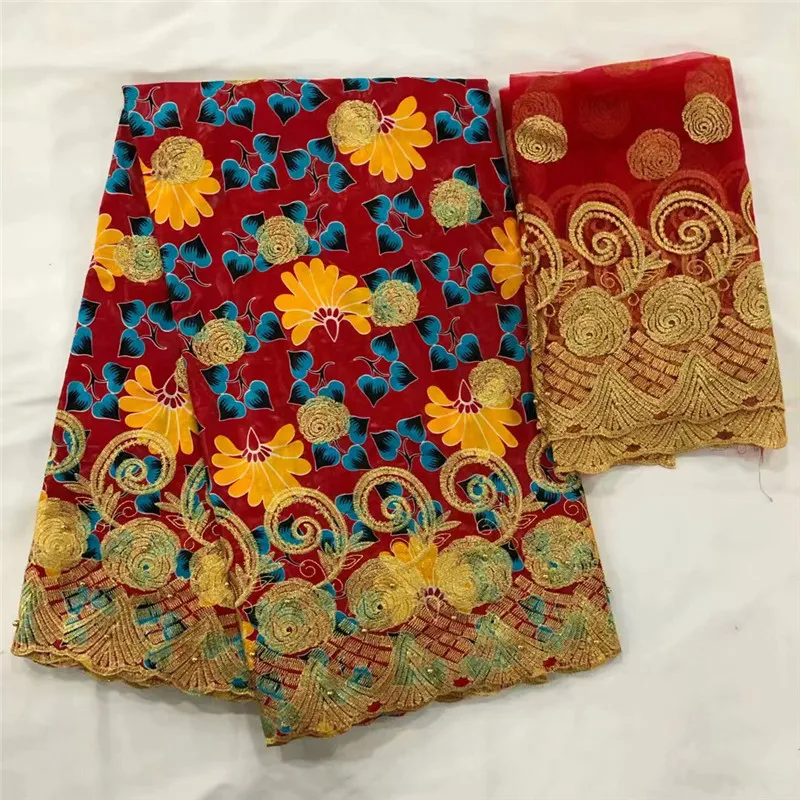 

(5+2Yards)African embroidery cotton red bazin riche lace fabric with French tulle net material for sewing dress B94-2