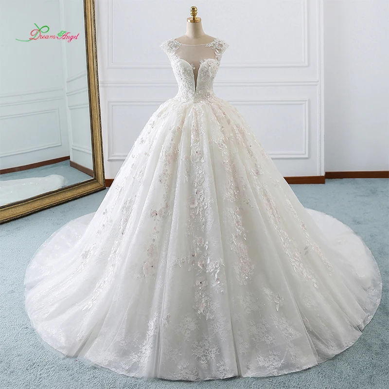 Ангел мечты элегантное платье с вырезом "лодочка" принцессы Свадебное платье 2019 аппликации из бисера Часовня Поезд линии невесты платья