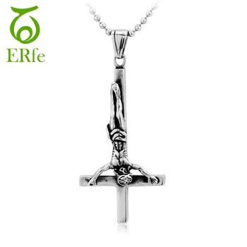 

Cruz Inverted Cross Necklace Satan Neclace Men Punk Gothic Biker Collier Homme Male Titanium Steel Satan Jesus Neckless IC006