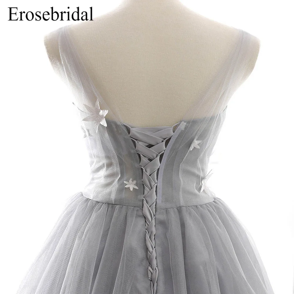 Simple Tulle Grey 2019 Evening Dress Long A Line Sexy Illusion Bodice Elegant robe de soiree Lace Up Back Vestido De Festa Simple Tulle Grey 2019 Evening Dress Long A Line Sexy Illusion Bodice Elegant robe de soiree Lace Up Back Vestido De Festa