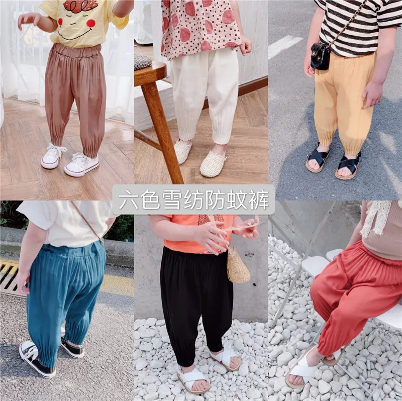 

2019 Summer New Cildren Pure Color Oceanic Leisure Off Foot Lantern Mosquito Pants Boys and Girls Causal Chiffon Trousers