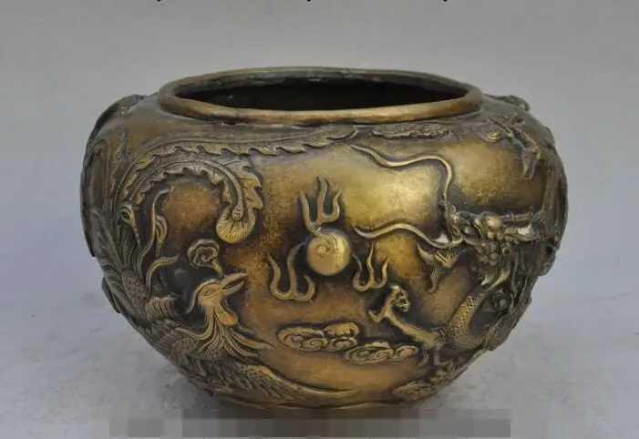

S4860 10" old china palace bronze phoenix d dragon play bead statue Jar Tanks Crock