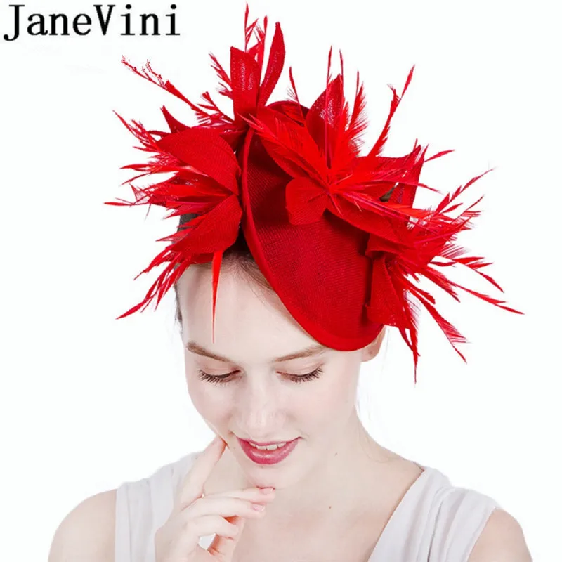 JaneVini Fashion Women Fascinator Hat Bridal Feathers Flower Red Yellow Party Evening Hats With Hair Pin Wedding Hat for Women