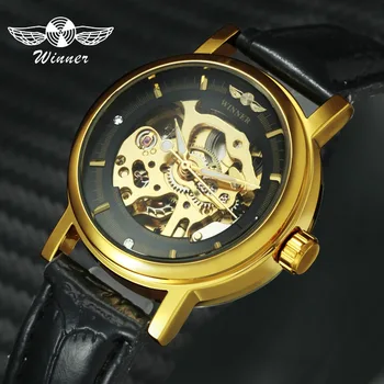 

WINNER Official Elegant Women Watches Automatic Mechanical Leather Strap Gold Skeleton Dial Crystal Fashion Ladies Wrist Watch