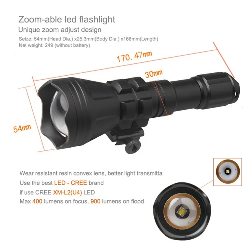 Asafee Zoomable светодиодный тактический фонарь Cree XM-L2 U4 светодиодный ночной охотничий фонарь с функцией зума с модулем для крепления оружия
