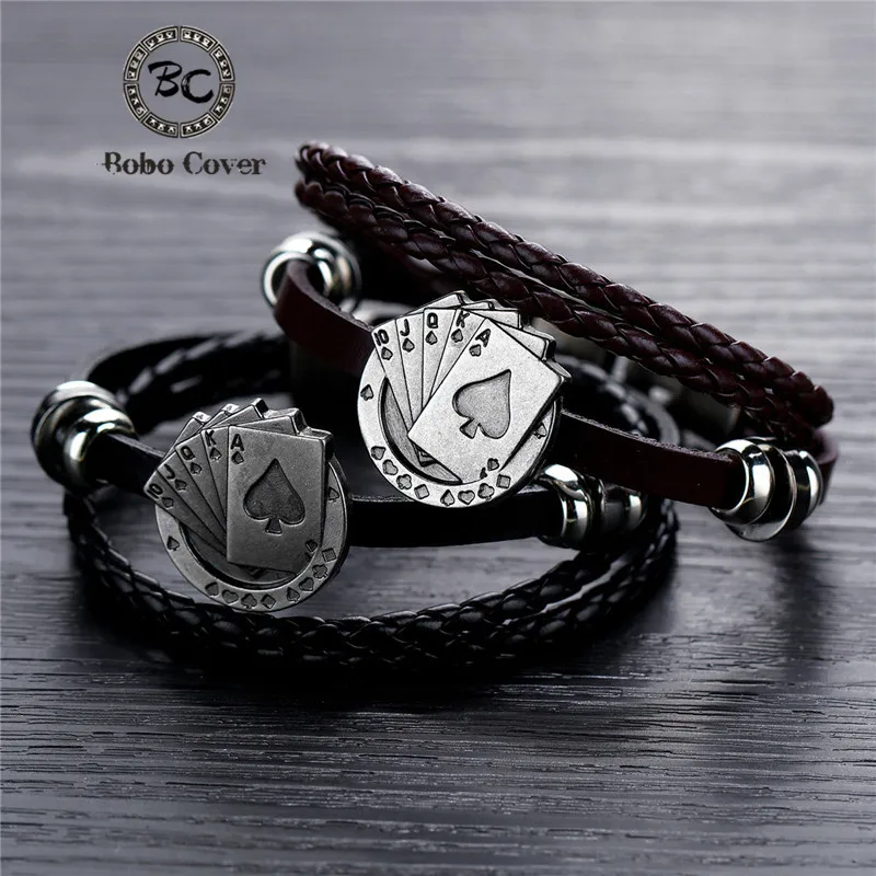 

Classic Poker Black/Coffee Weave leather Bracelets Men Easy-hook Lucky Charm Couple bracelet Women jewelry Pulsera dropshipping