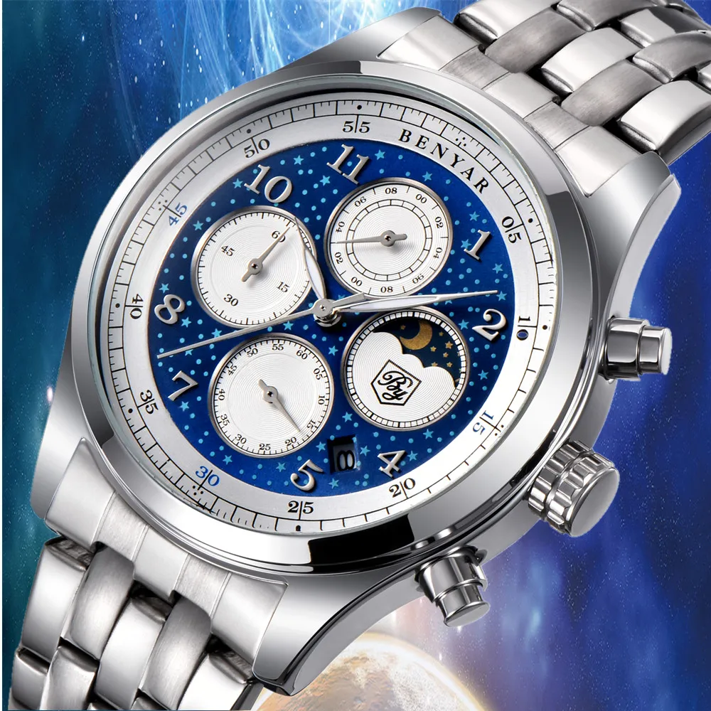 

Top Brand BENYAR Luxury Men fashion Moon Phase Full Steel Chronograph Military Waterproof Sports Quartz Watch Relogio Masculino