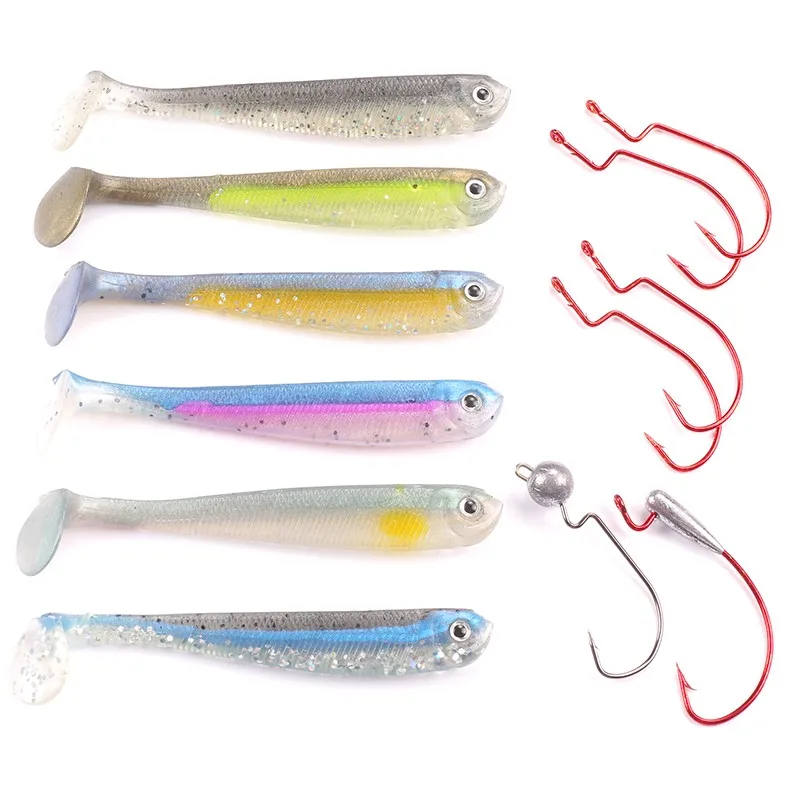 

12 pcs/lot Mizugiwa Swing Impact Shiner Shad Tail Minnow Swimbaits Kit Jighead Worm Hook Bass Fishing Tackle Soft Baits Anzuelos