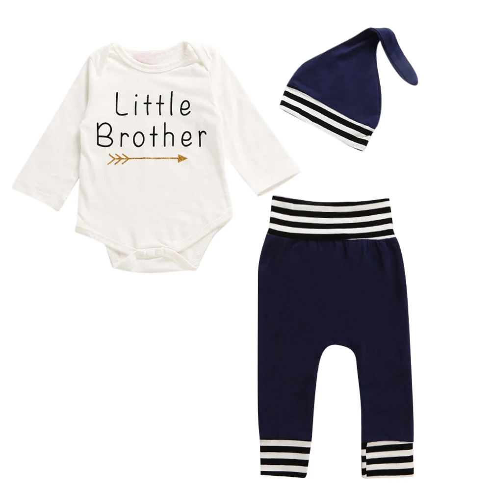 

3pcs Little baby Children Wear Pure Cotton Letter Print Rompers Set suit baby unisex clothes romper +pant+ Hat