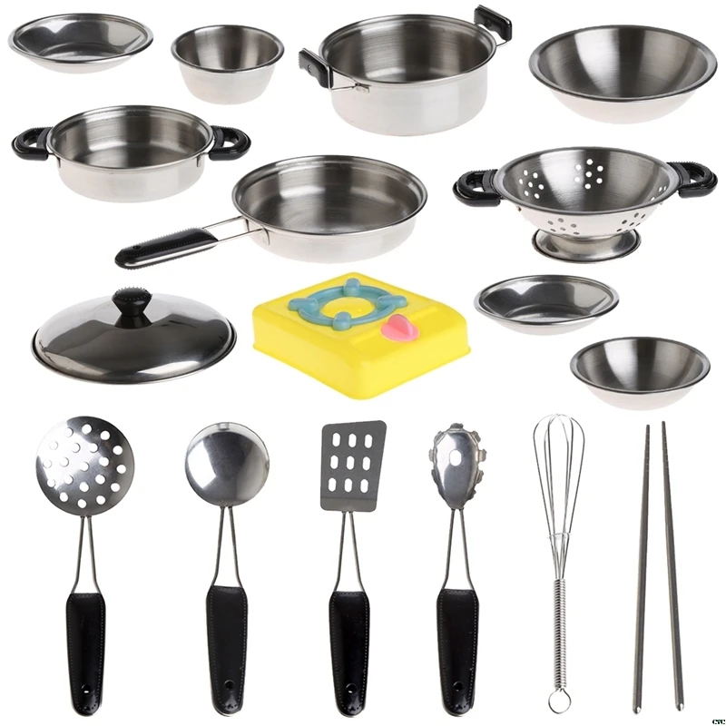 NEW Stainless Steel Pots Pans Cookware Miniature Toy Pretend Play Gift For Kid Simulated Kitchen Tool