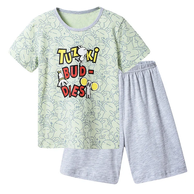 THREEGUN/пижамы для мальчиков и девочек; летние хлопковые комплекты одежды для подростков; одежда для сна с короткими рукавами; Детские пижамные комплекты с рисунками из мультфильмов; Tuzki - Цвет: Pink green