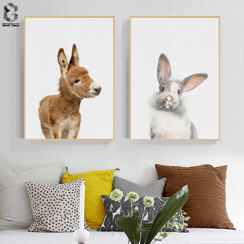 

Cute Baby Animal Donkey Canvas Art Print and Poster, Nursery Woodlands Rabbit Canvas Painting Nordic Wall Picture Home Decor