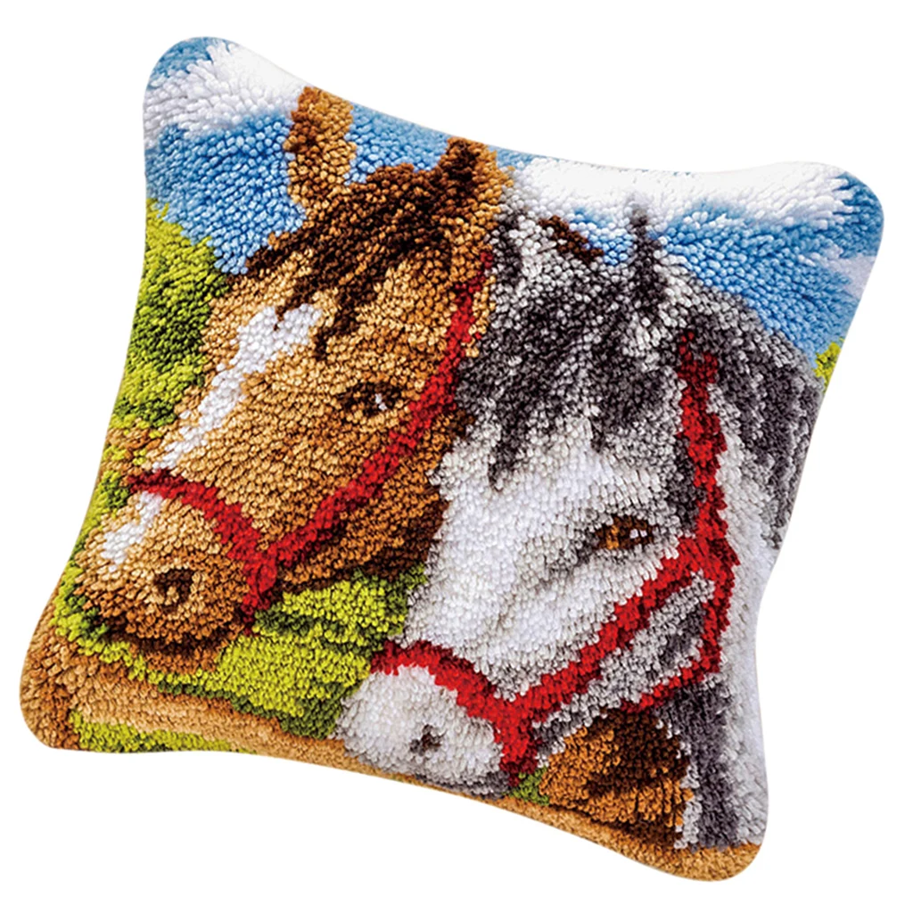 2 Sets Rabbit Horse Latch Hook Kits For Adults Beginners DIY Pillow Case Sofa Cushion Cover