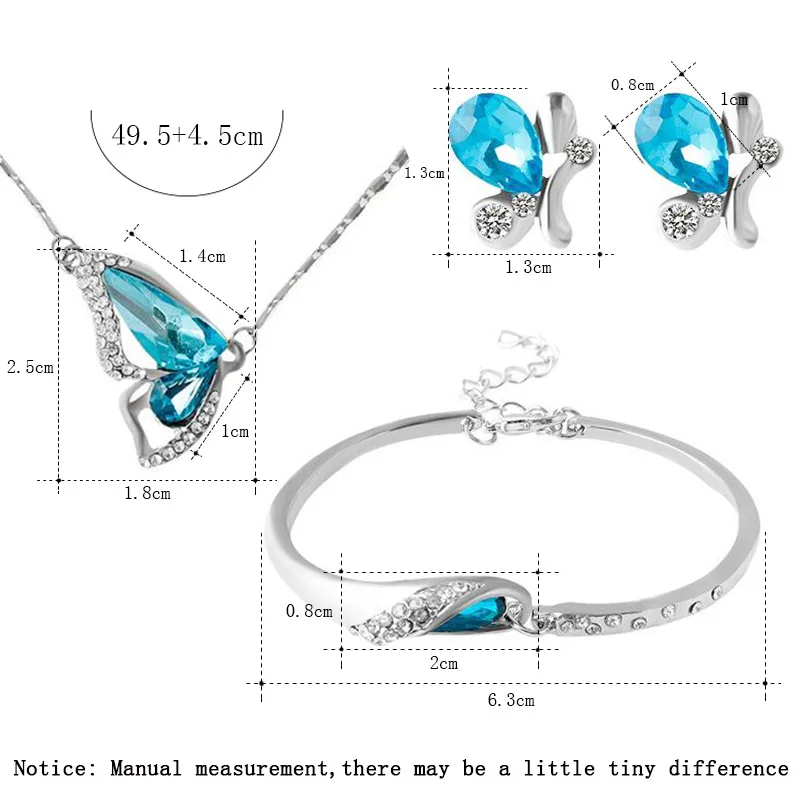 H: HYDE, Модные Ювелирные наборы для женщин, голубой кристалл, подвеска в виде бабочки, ожерелье, серьги-гвоздики, очаровательный браслет, подарок на день рождения