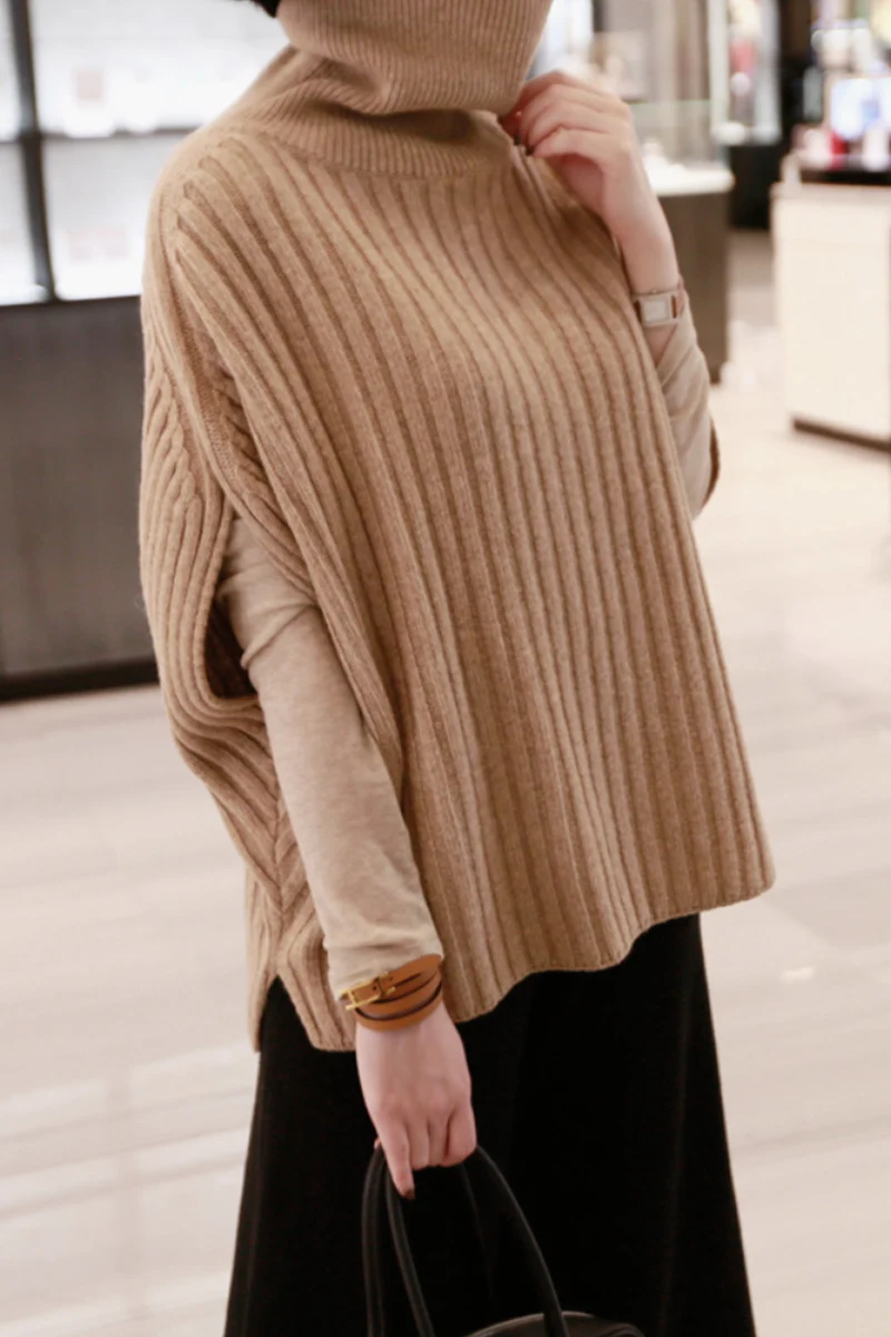Autumn and winter new high-collared sleeveless cashmere sweater female lazy thick knitted bottom sweater pulloverBatwing Sleeve Autumn and winter new high-collared sleeveless cashmere sweater female lazy thick knitted bottom sweater pulloverBatwing Sleeve
