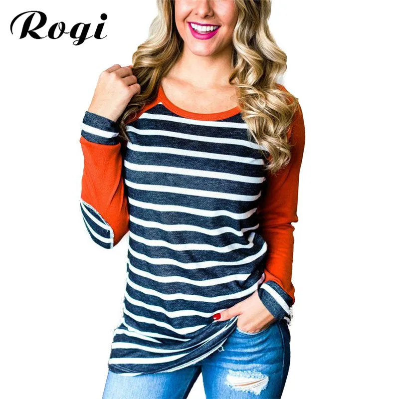 

Rogi Fashion Stripe T-Shirt Women 2019 Fashion Elbow Patch Female Raglan T Shirts Long Sleeve Harajuku Plus Size Ladies Tops 3XL