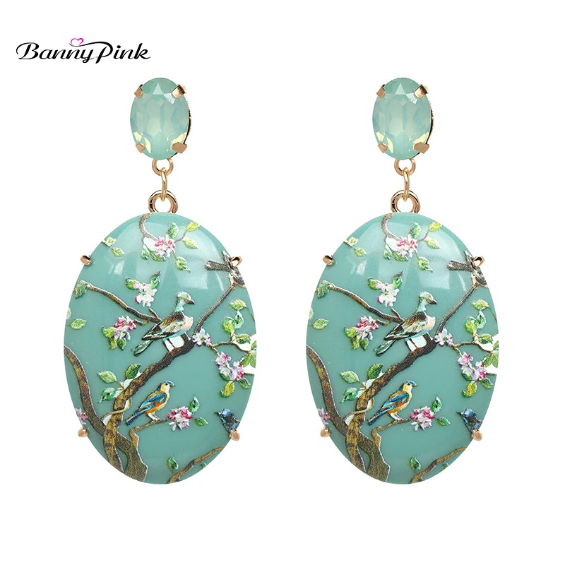 

Banny Pink National Element Resin Printed Flower Birds Pendant Dangle Earrings For Women Chunky Geo Oval Statement Drop Earrings