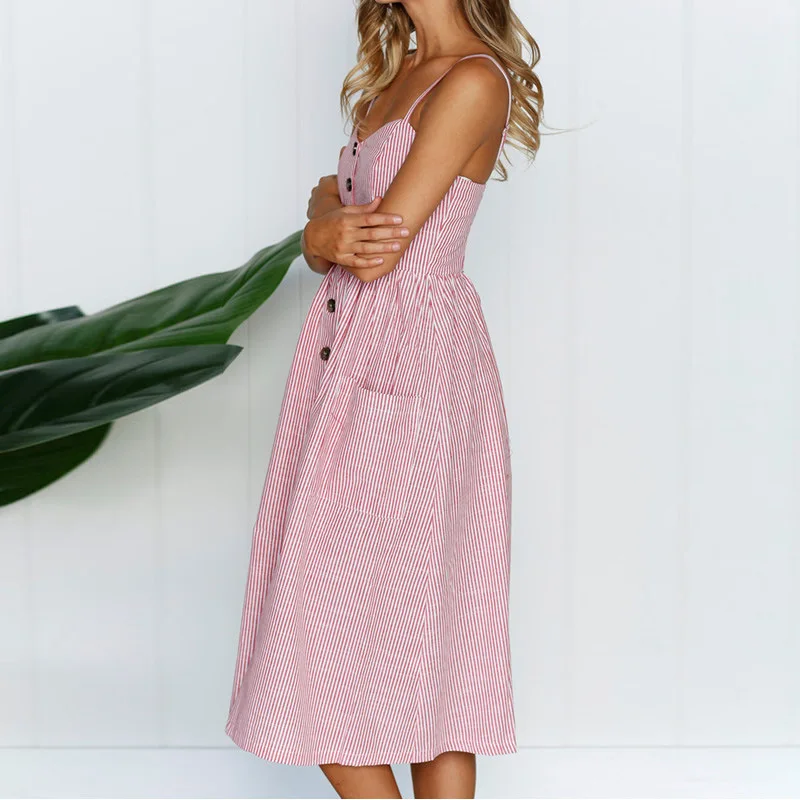 Summer Dress Women Off Shoulder Strap Bohemian Sundress Female Sleeveless Pocket Red White Vintage Sexy Beach Dress Vestido 2020
