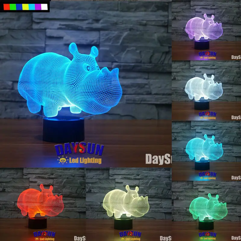 Cute African Wild Animal Rhinoceros 3D Night Light 7 Colors Change LED Table Lamp