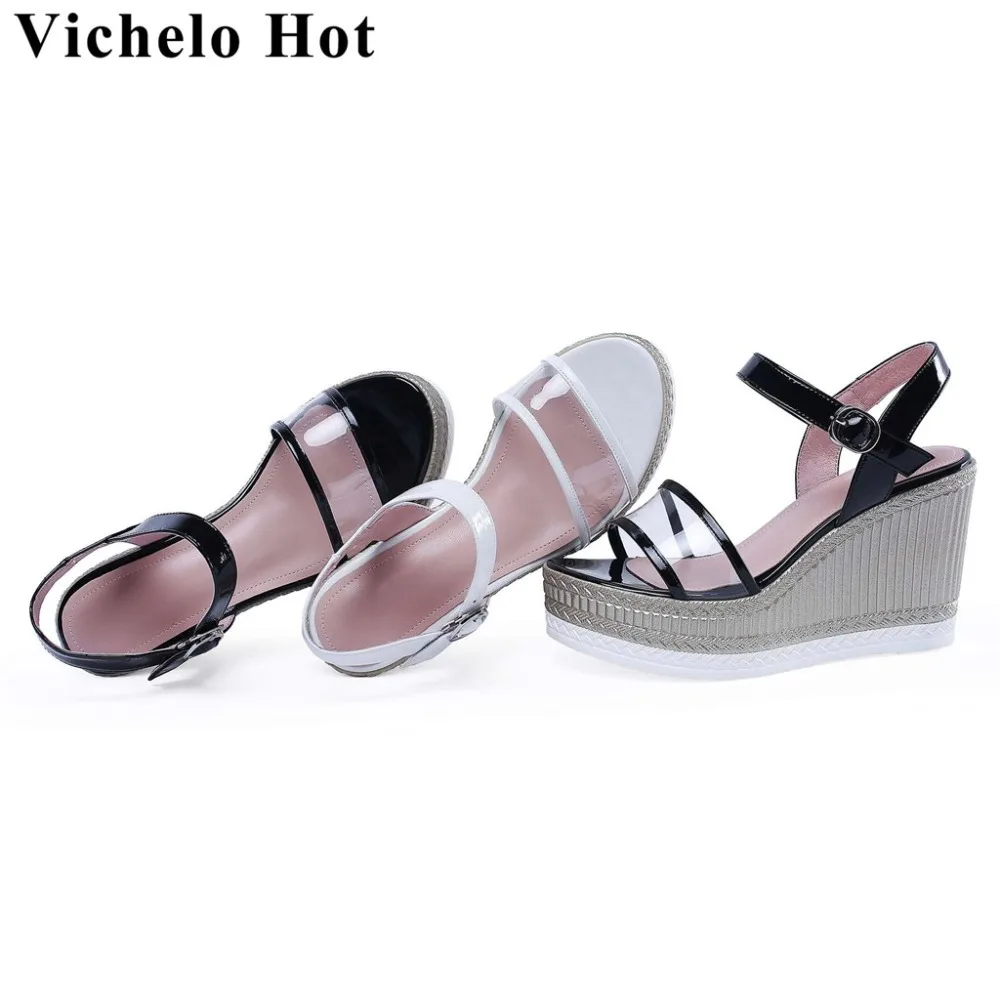 

Vichelo Hot new fashion pvc material super high bottom wedges platform peep round toe buckle strap European model sandals L6f0