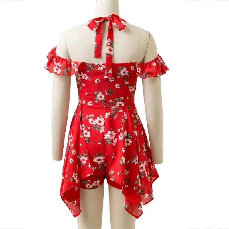 yinlinhe Red Lace Up Halter Playsuit Women Off Shoulder Summer Playsuit Short Sleeve Backless Asymmetry Sexy short jumpsuit 1