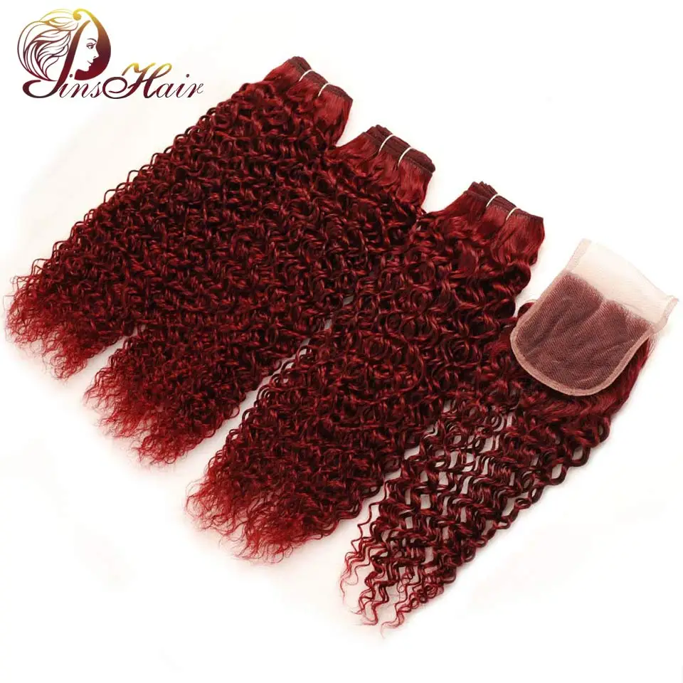 

Pinshair Red 99J Bundle With Closure Peruvian Kinky Curly Human Hair Weave Burgundy 3 Bundles With Lace Closure No Shed Non Remy